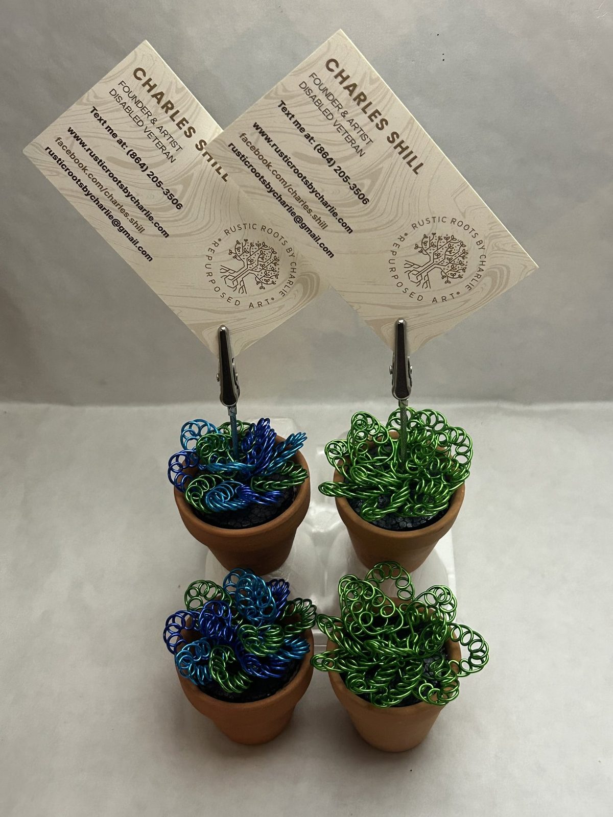 Wire succulent with a clip holding a card